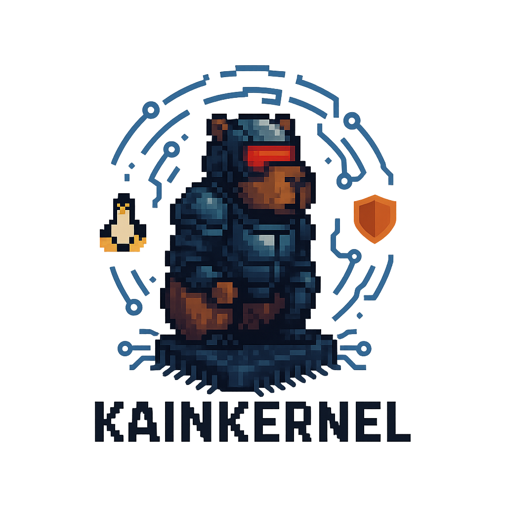KainKernel Logo: Armored pixel-art beaver with Linux penguin and shield icons